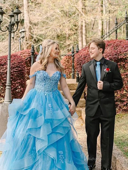 Light Blue Sparkly Tulle Prom Dresses Ruffled Lace Formal Dresses - FD3708-prom dresses 2025 -Viniodress-Blue-Custom Size-