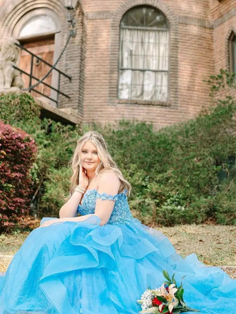 prom dresses 2025 Light Blue Sparkly Tulle Prom Dresses Ruffled Lace Formal Dresses - FD3708-plus size wedding dresses Viniodress-Blue-Custom Size-