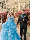 prom dresses 2025 Light Blue Sparkly Tulle Prom Dresses Ruffled Lace Formal Dresses - FD3708-plus size wedding dresses Viniodress-Blue-Custom Size-