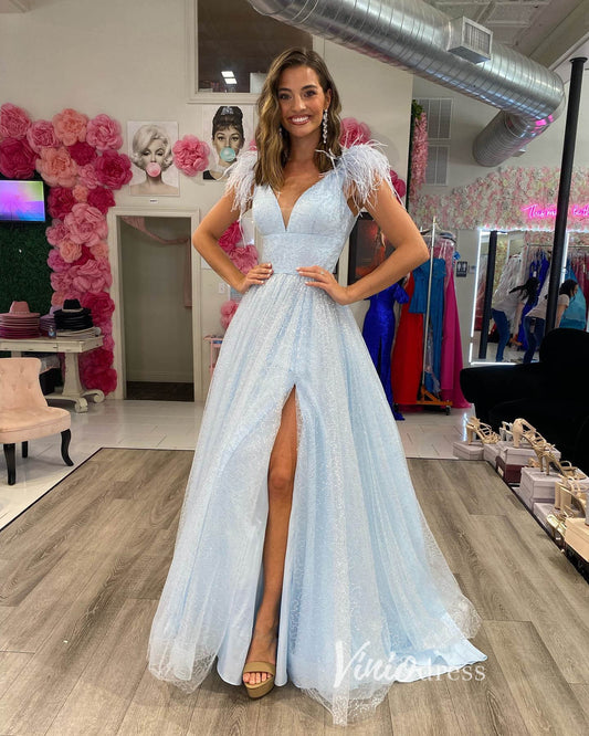 Light Blue Sparkly Tulle Prom Dresses with Slit V-Neck Feather Evening Gown FD3341-prom dresses 2025 -Viniodress-Light Blue-Custom Size-
