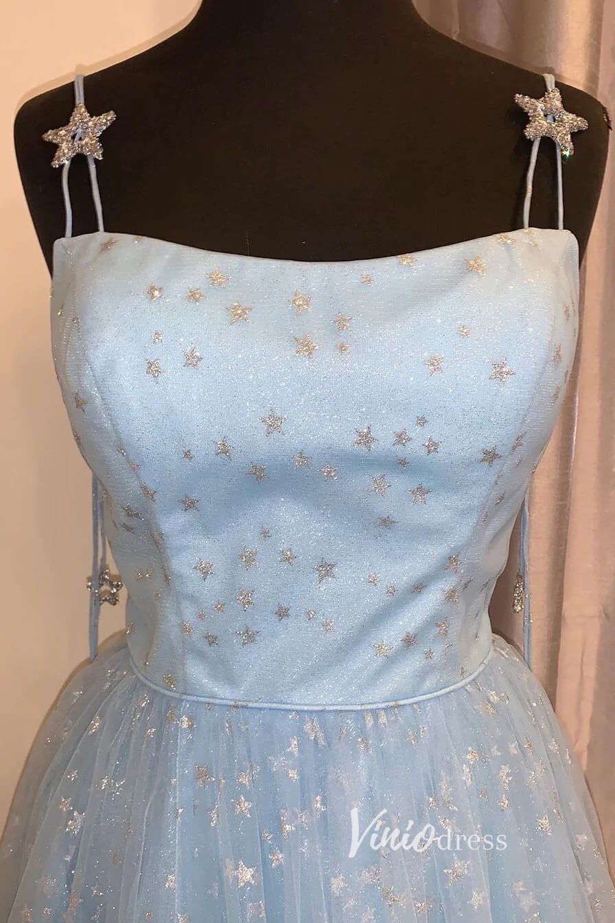 Light Blue Starry Tulle Prom Dresses Spaghetti Strap Evening Dress FD3366-prom dresses 2025 -Viniodress-Light Blue-Custom Size-