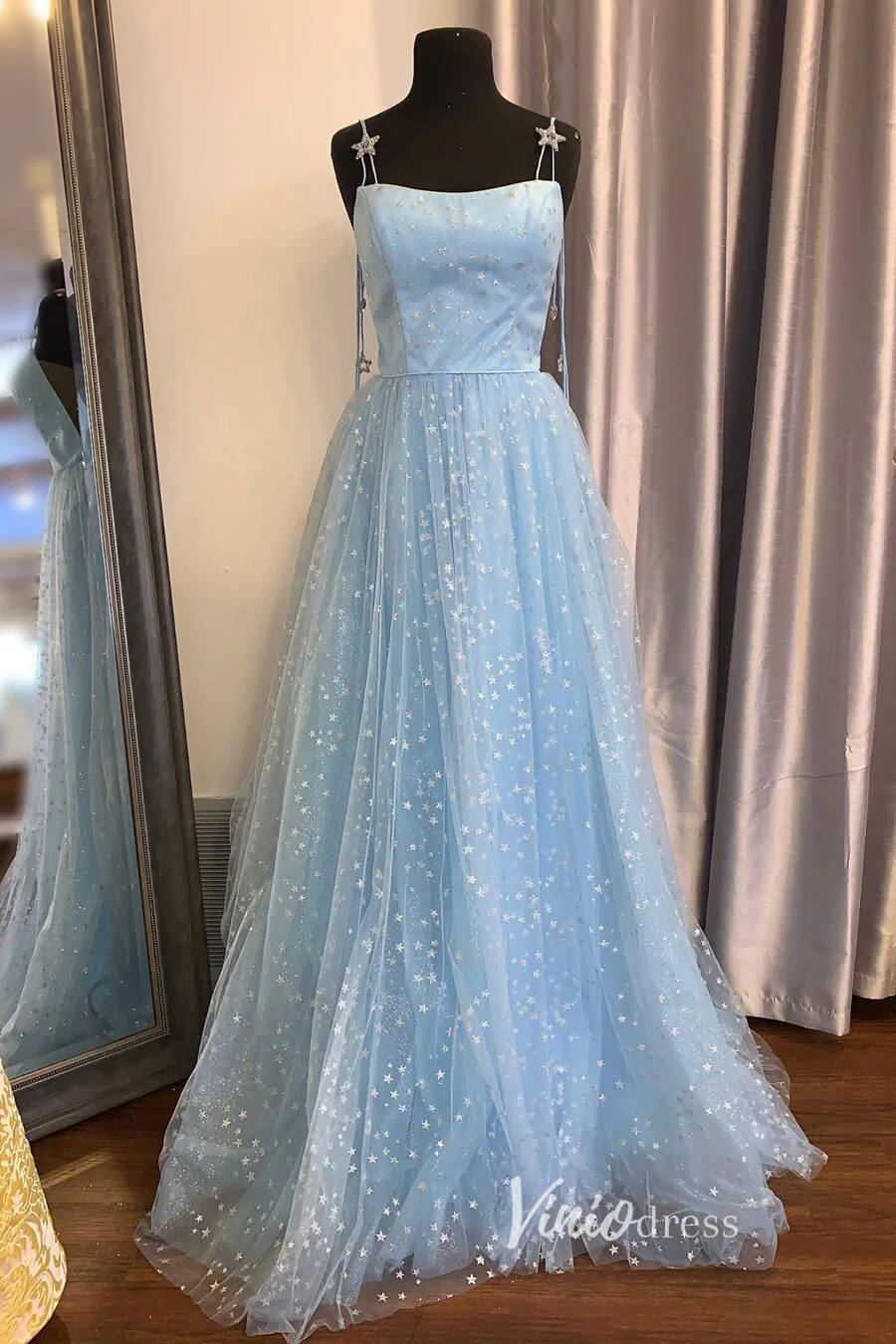 Prom Dress 2025 Light Blue Starry Tulle Prom Dresses Spaghetti Strap Evening Dress FD3366-unique prom dresses-Light Blue-Custom Size-Viniodress