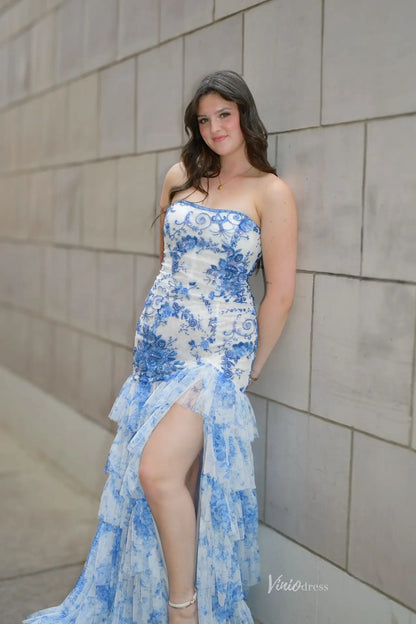 Light Blue Strapless Beaded Lace Prom Dress with Slit & Tiered Bottom - FD5316-prom dresses 2026-Viniodress-Light Blue-Custom Size-