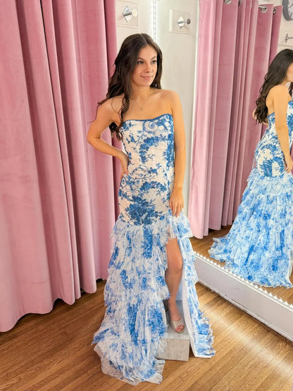 Light Blue Strapless Beaded Lace Prom Dress with Slit & Tiered Bottom - FD5316-prom dresses 2025 -Viniodress-Blue-Custom Size-