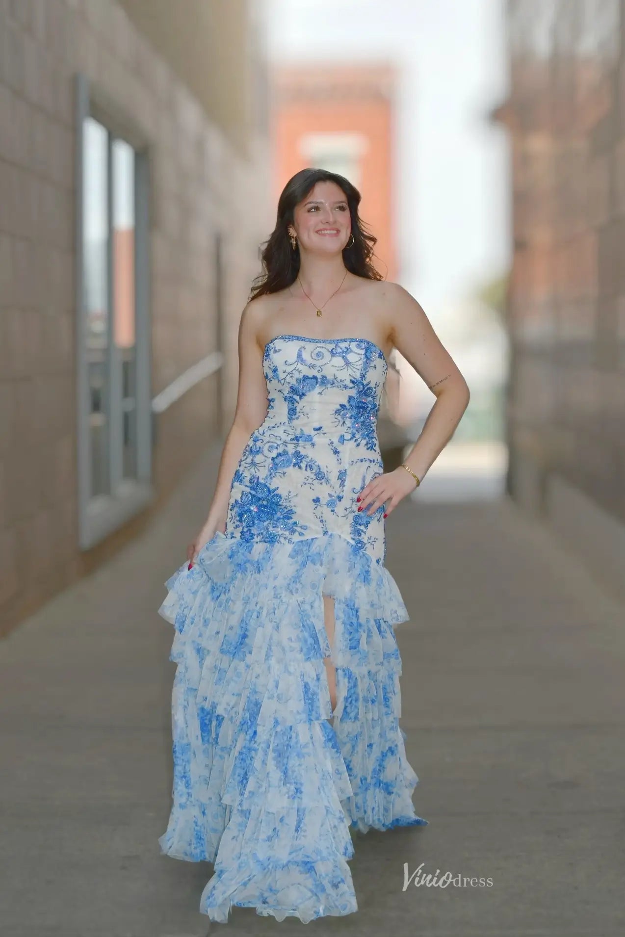 Light Blue Strapless Beaded Lace Prom Dress with Slit & Tiered Bottom - FD5316-prom dresses 2026-Viniodress-Light Blue-Custom Size-