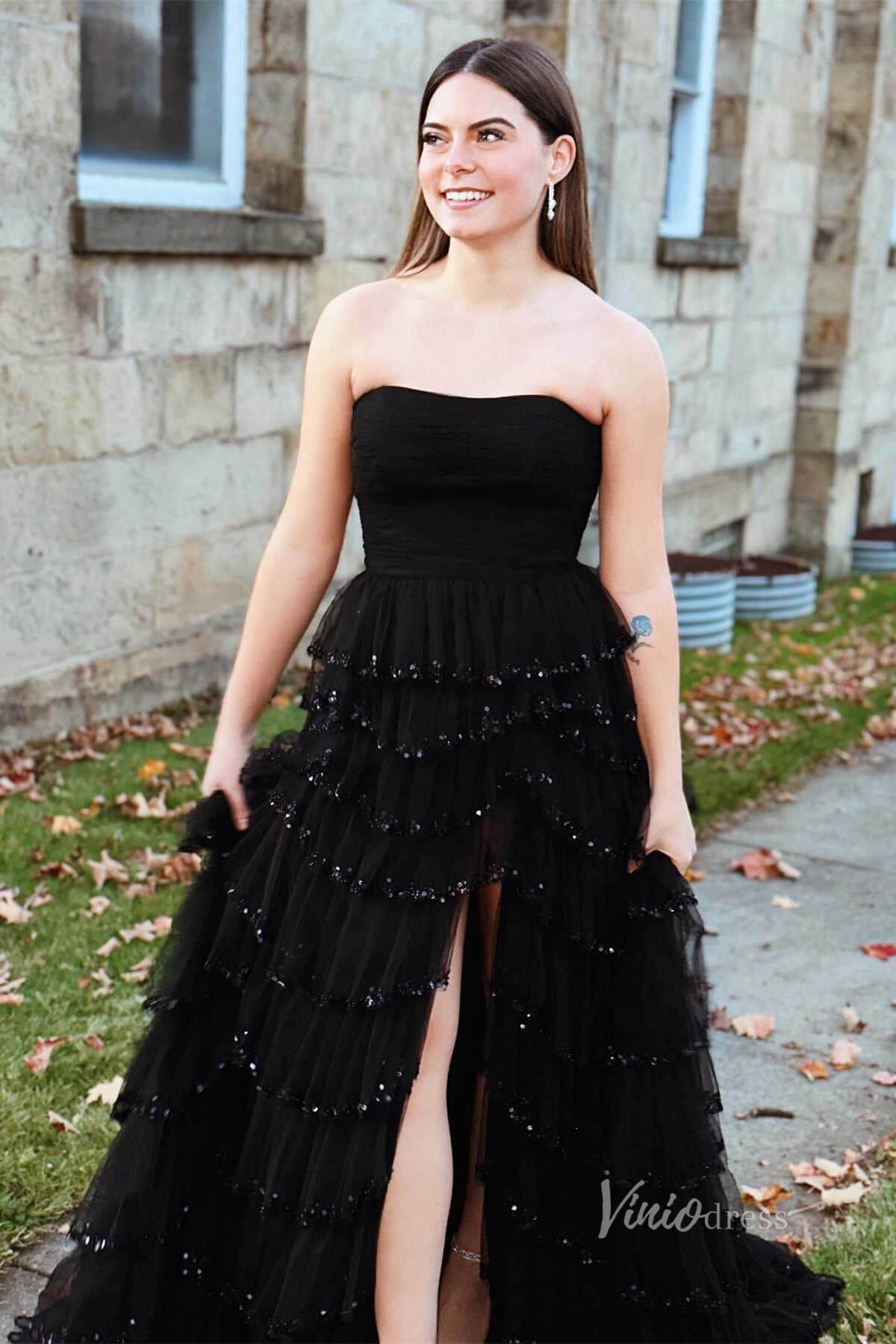 Light Blue Strapless Beaded Ruffle Prom Dresses with Slit FD3640S-prom dresses 2025 -Viniodress-Light Blue-Custom Size-