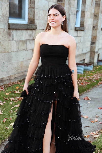 Light Blue Strapless Beaded Ruffle Prom Dresses with Slit FD3640S-prom dresses 2025 -Viniodress-Light Blue-Custom Size-