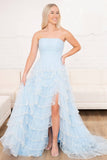 Light Blue Strapless Beaded Ruffle Prom Dresses with Slit FD3640S-prom dresses-Viniodress-Viniodress