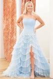 Light Blue Strapless Beaded Ruffle Prom Dresses with Slit FD3640S-prom dresses-Viniodress-Viniodress