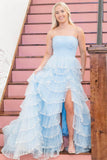 Light Blue Strapless Beaded Ruffle Prom Dresses with Slit FD3640S