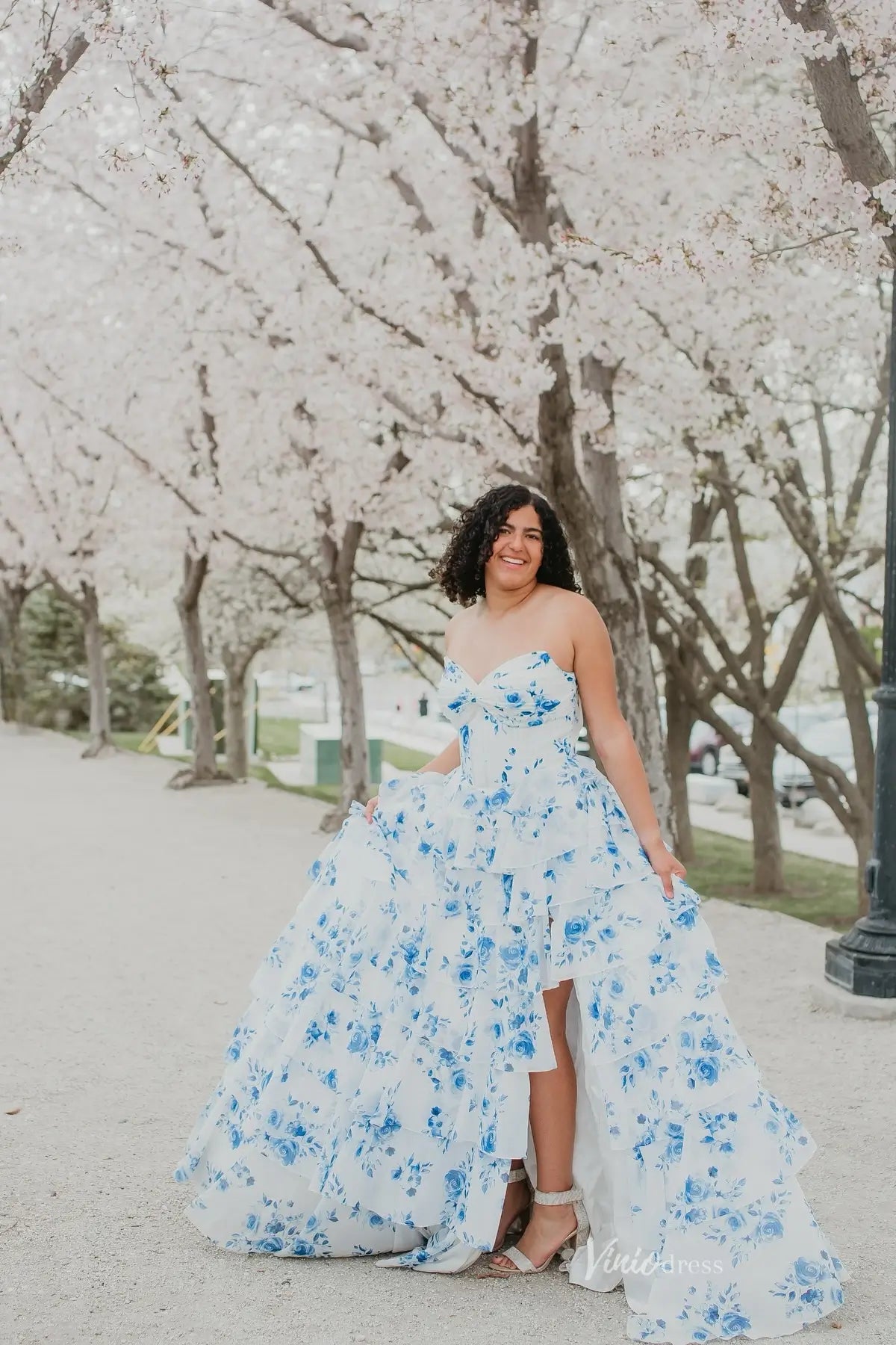 Light Blue Ruffle Floral Strapless Prom Dress with High Slit RF026 Viniodress Light Blue Ruffle Floral Strapless Prom Dress with High Slit RF026 Viniodress