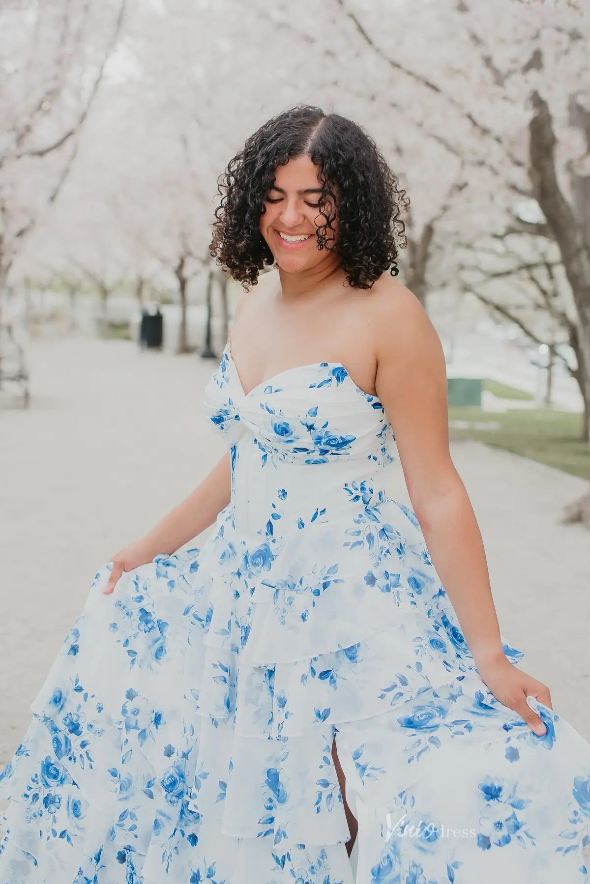 Light Blue Ruffle Floral Strapless Prom Dress with High Slit RF026 Viniodress Light Blue Ruffle Floral Strapless Prom Dress with High Slit RF026 Viniodress
