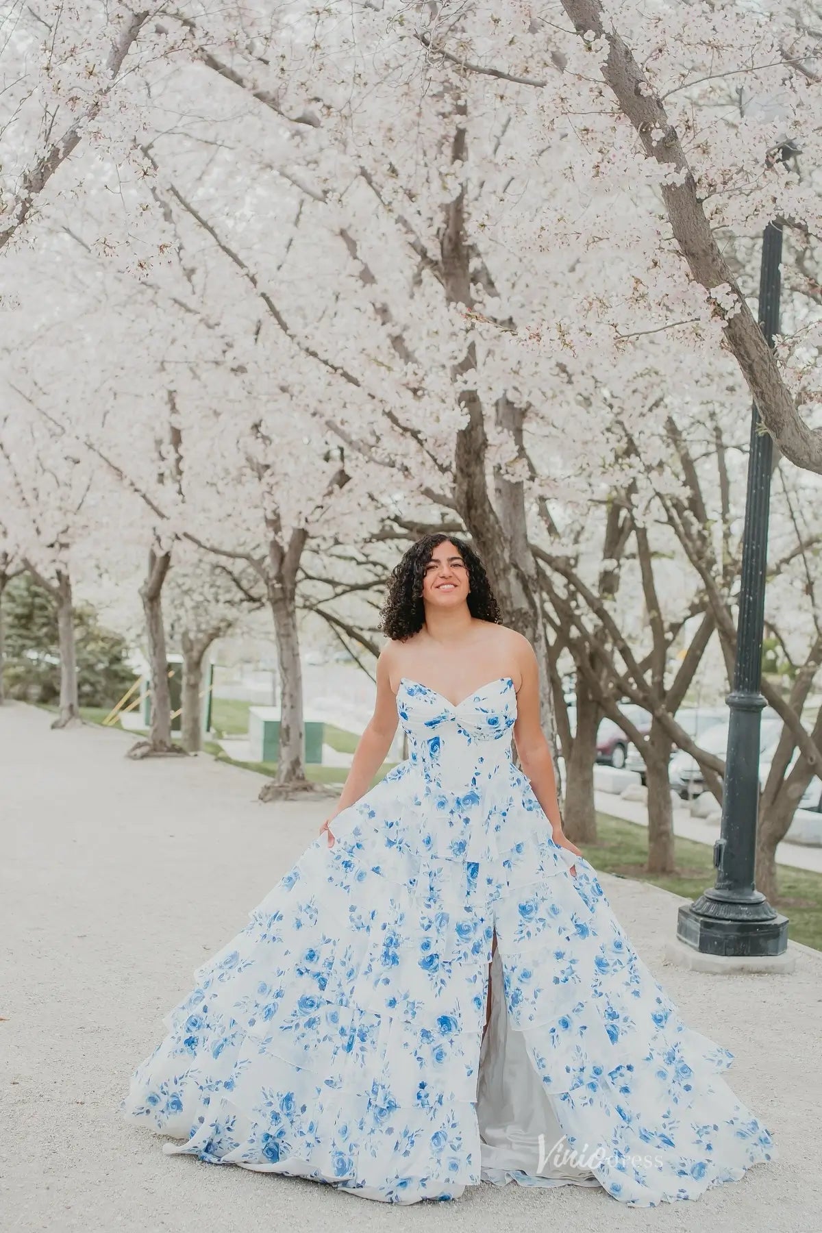 Light Blue Ruffle Floral Strapless Prom Dress with High Slit RF026 Viniodress Light Blue Ruffle Floral Strapless Prom Dress with High Slit RF026 Viniodress