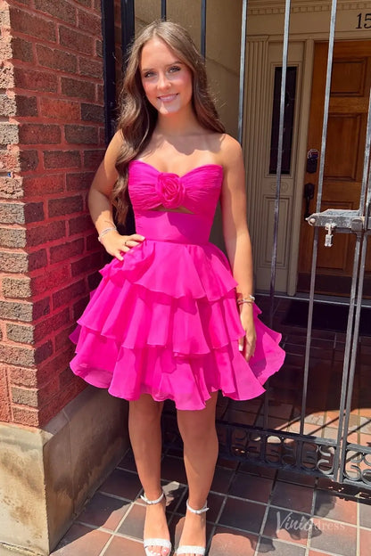 Light Blue Strapless Homecoming Dress with Ruched Bodice, Floral Accent & Tiered Ruffle Skirt – H1185-Homecoming Dresses 2025 -Viniodress-Fuchsia-Custom Size-