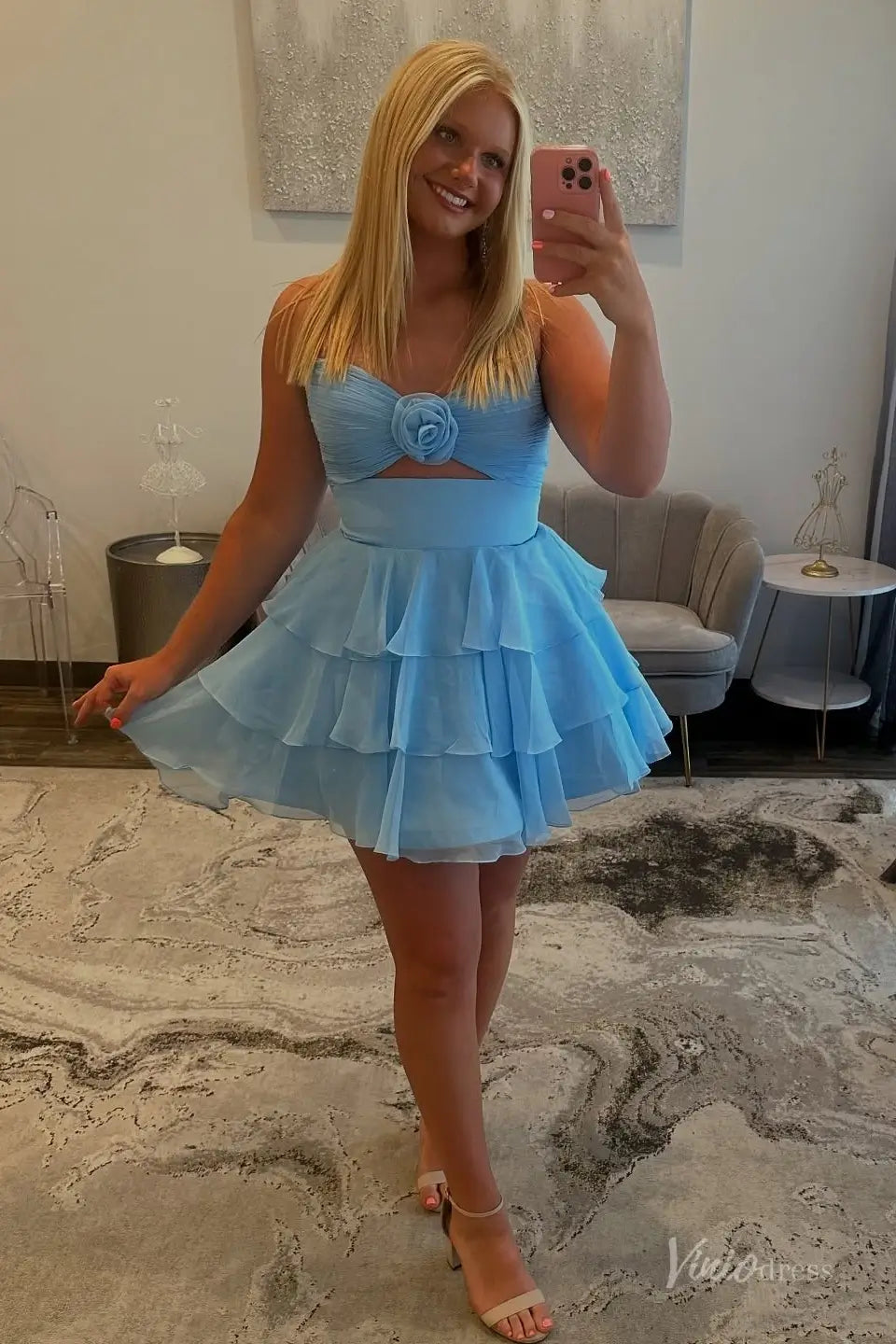 Light Blue Strapless Homecoming Dress with Ruched Bodice, Floral Accent & Tiered Ruffle Skirt – H1185-Homecoming Dresses 2025 -Viniodress-Light Blue-Custom Size-