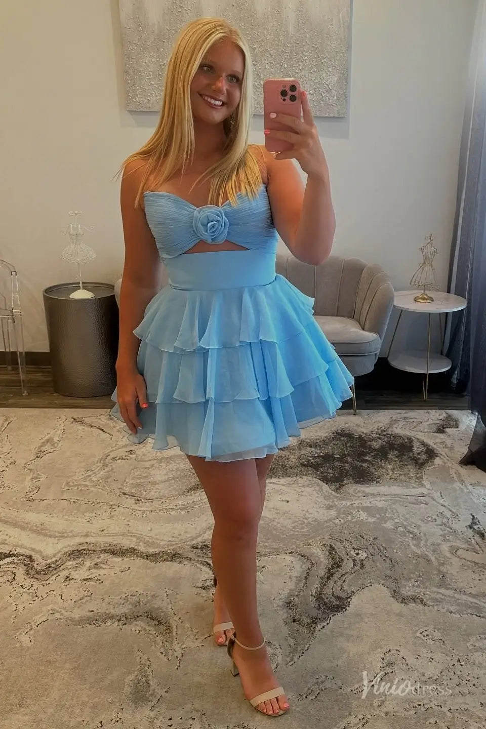 Light Blue Strapless Homecoming Dress with Ruched Bodice, Floral Accent & Tiered Ruffle Skirt – H1185-Homecoming Dresses 2025 -Viniodress-Light Blue-Custom Size-