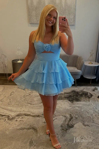 Light Blue Strapless Homecoming Dress with Ruched Bodice, Floral Accent & Tiered Ruffle Skirt – H1185-Homecoming Dresses 2025 -Viniodress-Light Blue-Custom Size-