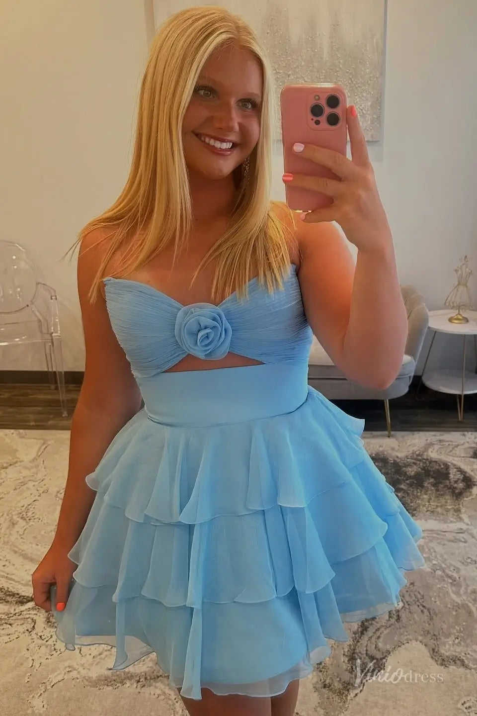 Light Blue Strapless Homecoming Dress with Ruched Bodice, Floral Accent & Tiered Ruffle Skirt – H1185-Homecoming Dresses 2025 -Viniodress-Light Blue-Custom Size-