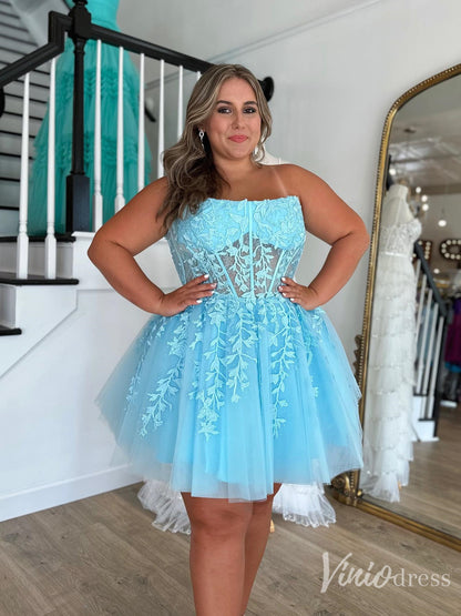 Light Blue Strapless Lace Corset Homecoming Dress with Tulle Skirt – Style SD1705-prom dresses 2025 -Viniodress-Light Blue-Custom Size-