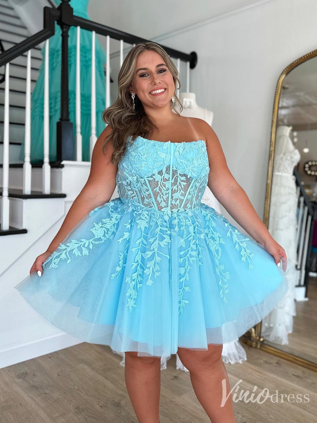 Light Blue Strapless Lace Corset Homecoming Dress with Tulle Skirt – Style SD1705-prom dresses 2025 -Viniodress-Light Blue-Custom Size-