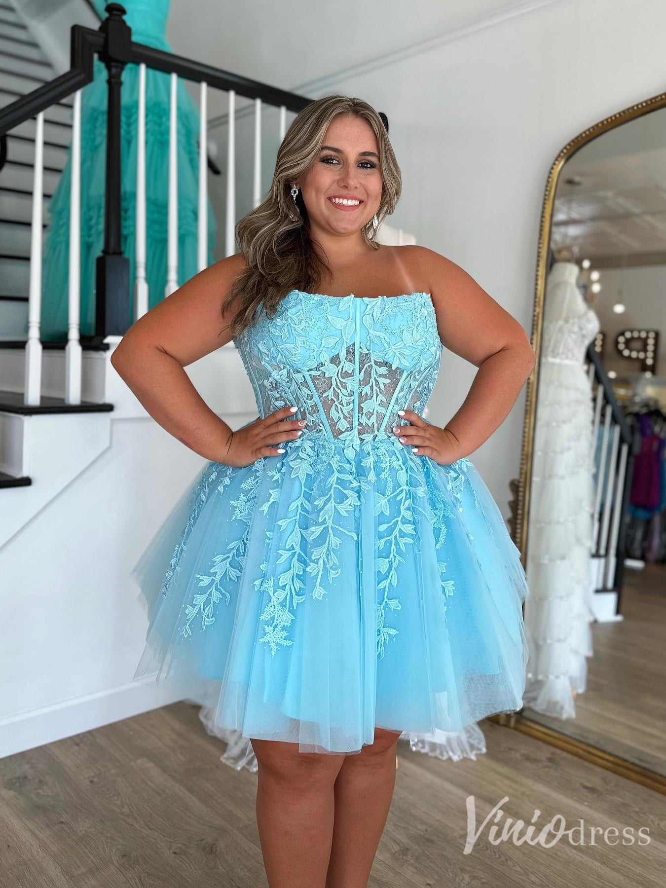 Light Blue Strapless Lace Corset Homecoming Dress with Tulle Skirt – Style SD1705-prom dresses 2025 -Viniodress-Light Blue-Custom Size-