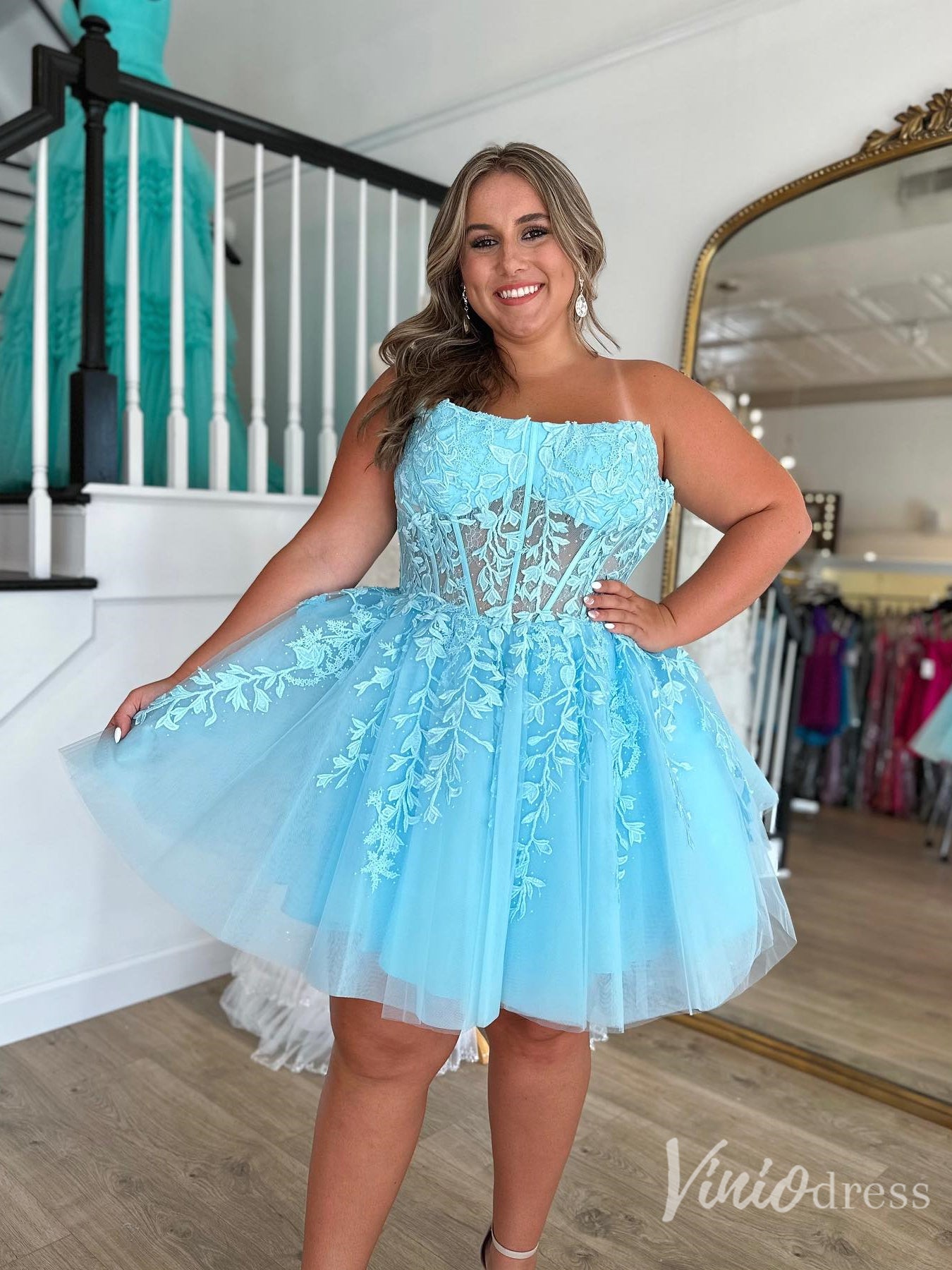 Light Blue Strapless Lace Corset Homecoming Dress with Tulle Skirt – Style SD1705-prom dresses 2025 -Viniodress-Light Blue-Custom Size-