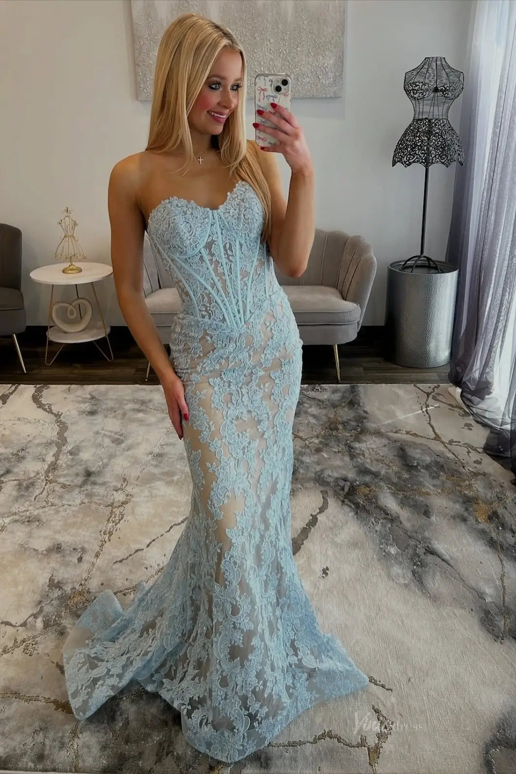 Light Blue Strapless Lace Mermaid Prom Dress with Sheer Corset Bodice & Sweetheart Neckline – LP052-prom dresses 2026-Viniodress-Light Blue-US 0-