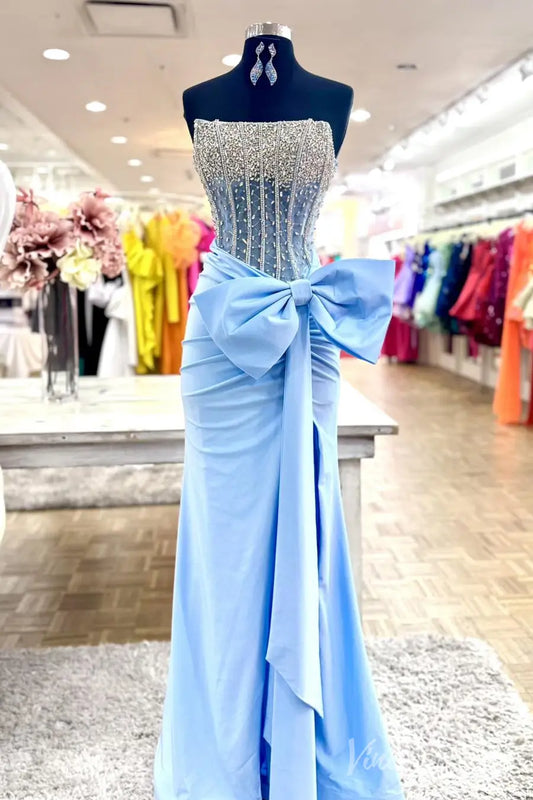 Light Blue Strapless Prom Dress with Beaded Corset Bodice and Satin Bow Detail – SS080-prom dresses 2025 -Viniodress-Light Blue-Custom Size-