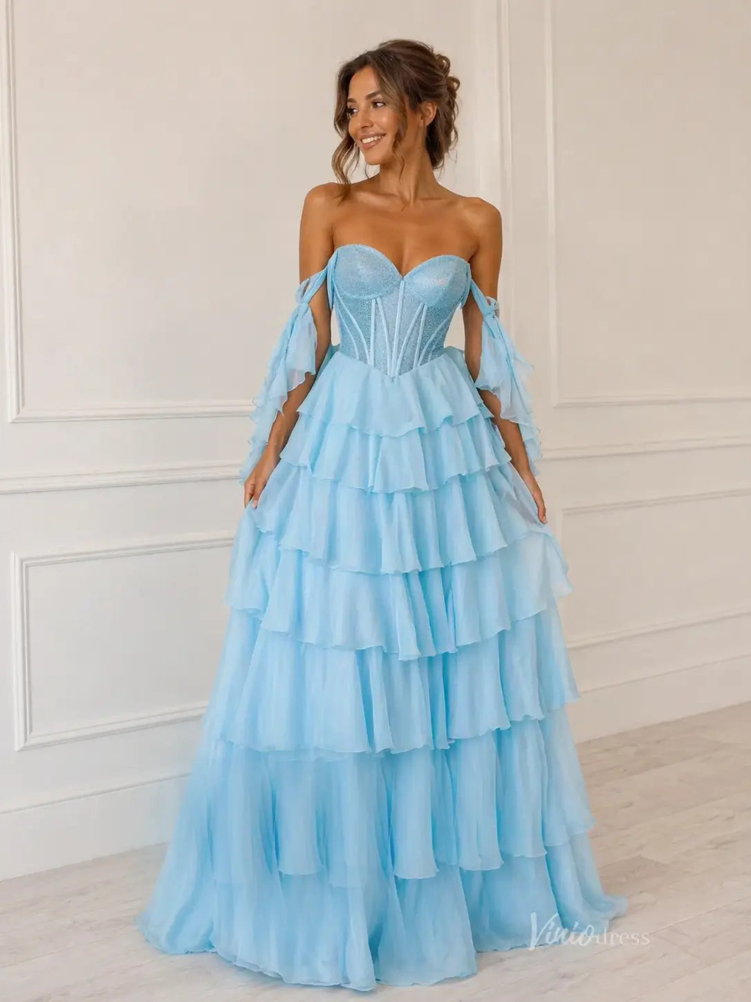Light Blue Strapless Prom Dress with Beaded Corset, Tiered Ruffle Skirt & Tie Sleeves – RF330-prom dresses 2026-Viniodress-Light Blue-US 0-