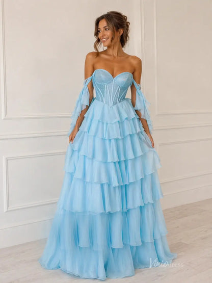 Light Blue Strapless Prom Dress with Beaded Corset, Tiered Ruffle Skirt & Tie Sleeves – RF330-prom dresses 2026-Viniodress-Light Blue-US 0-
