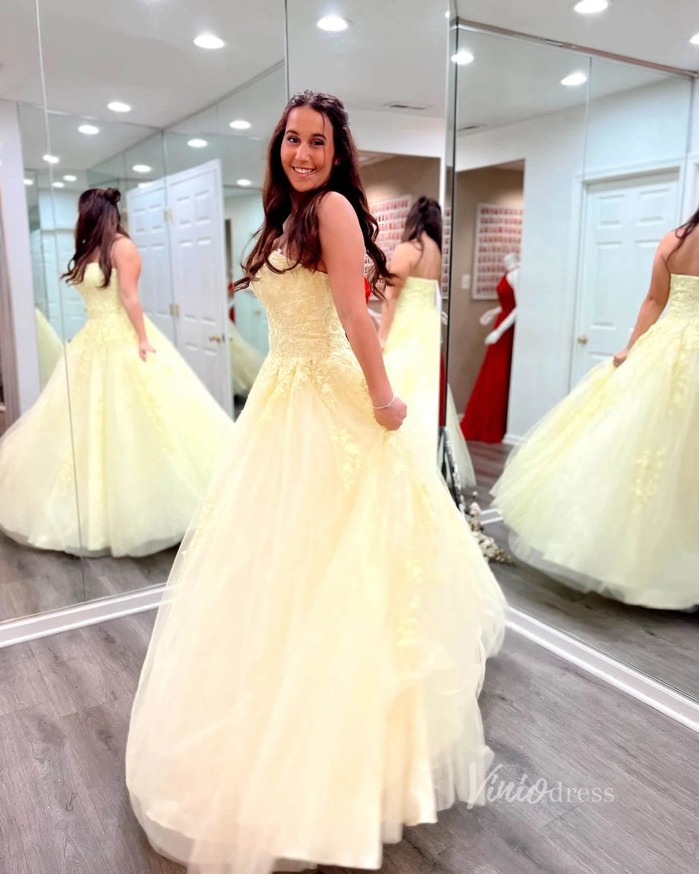 Light BLue Strapless Prom Dresses Lace Appliqued Prom Dress FD1265-prom dresses 2025 -Viniodress-Red-US 2-