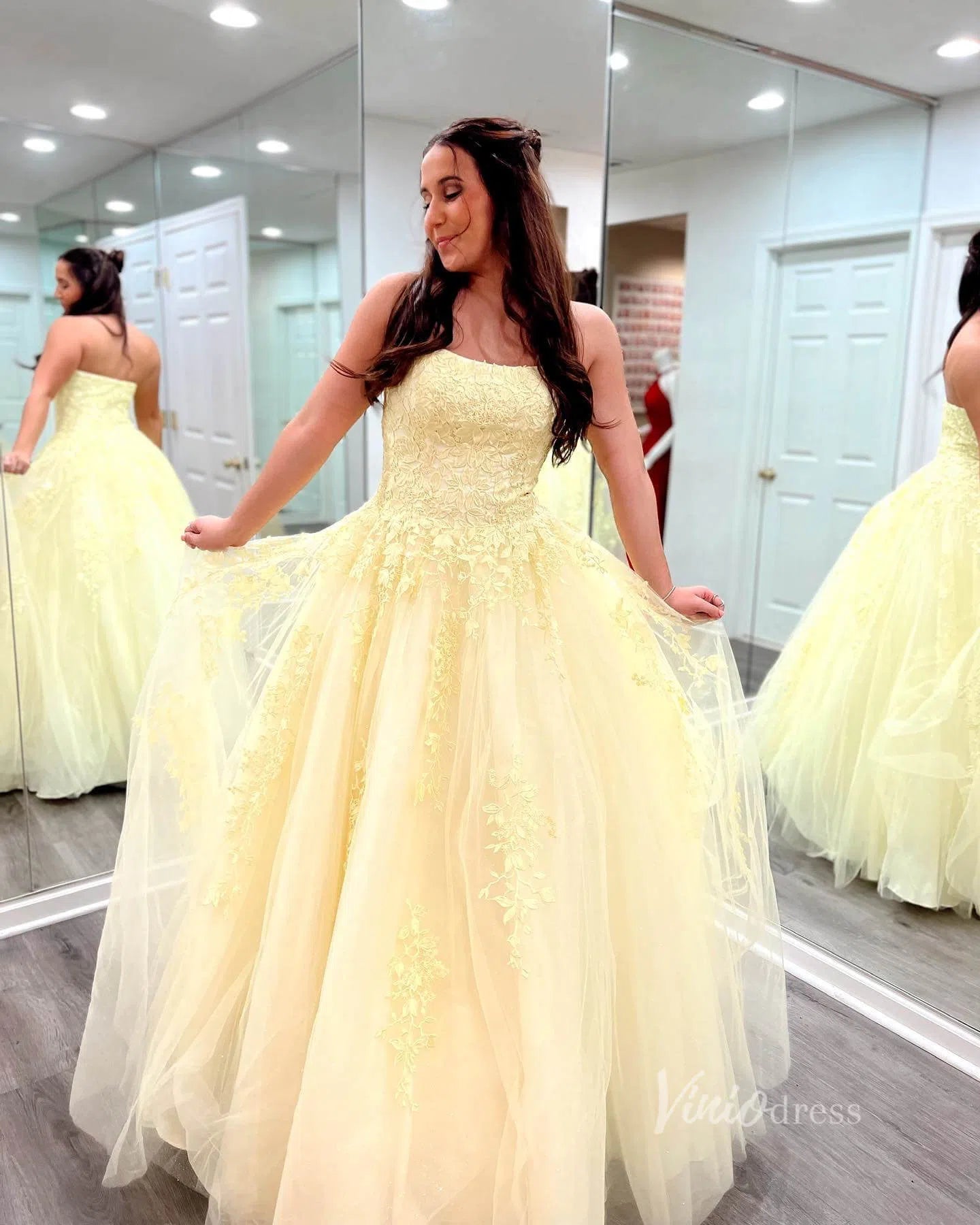 Light BLue Strapless Prom Dresses Lace Appliqued Prom Dress FD1265   Viniodress