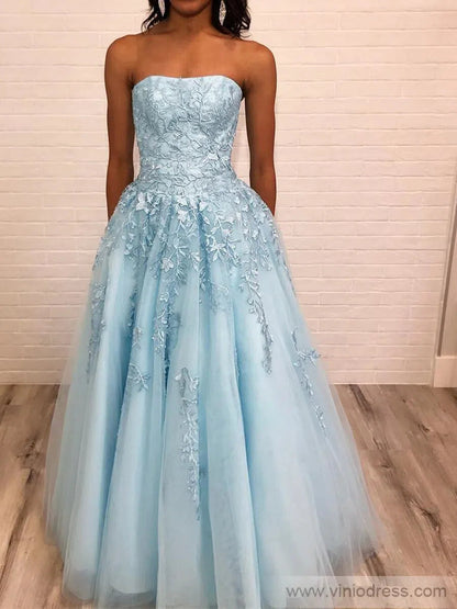 Light BLue Strapless Prom Dresses Lace Appliqued Prom Dress FD1265-prom dresses 2025 -Viniodress-Red-US 2-