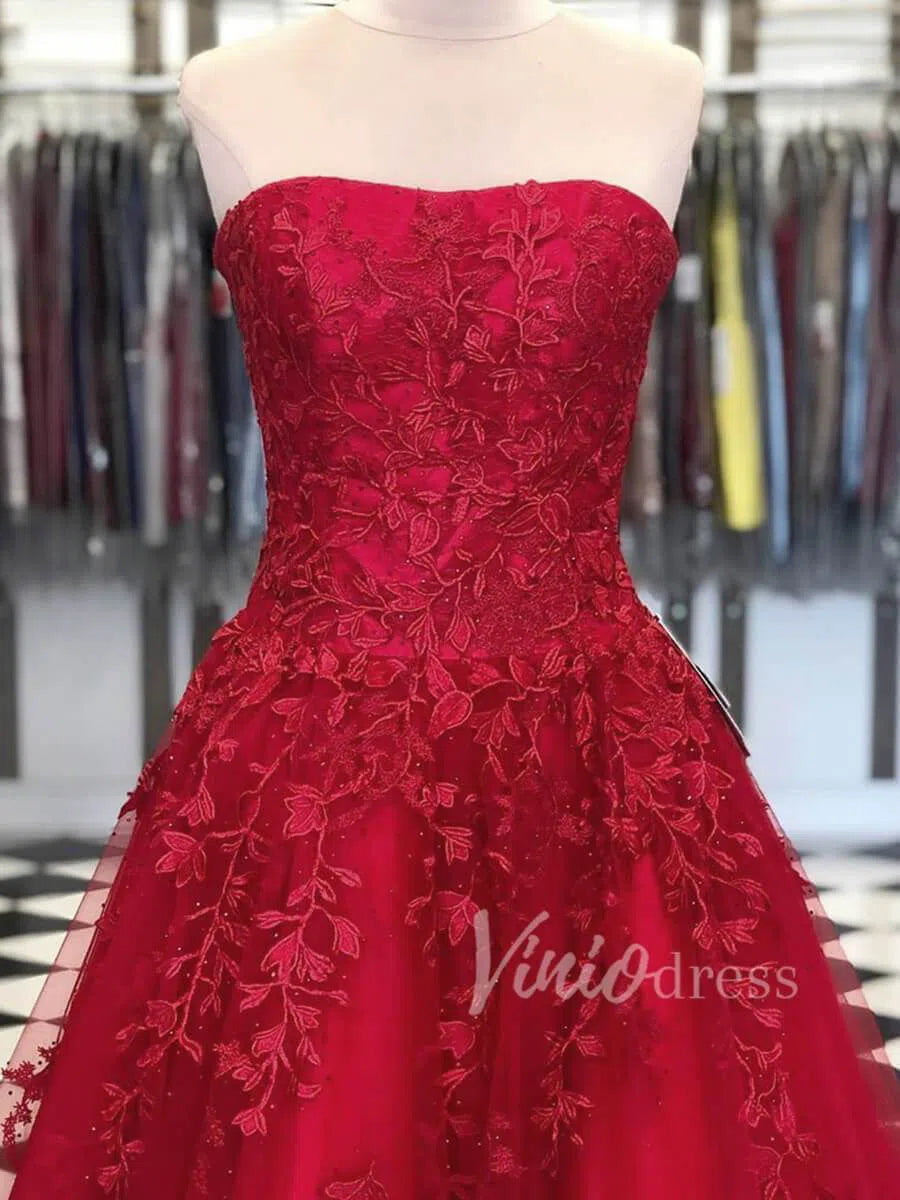 Light BLue Strapless Prom Dresses Lace Appliqued Prom Dress FD1265-prom dresses 2025 -Viniodress-Red-US 2-
