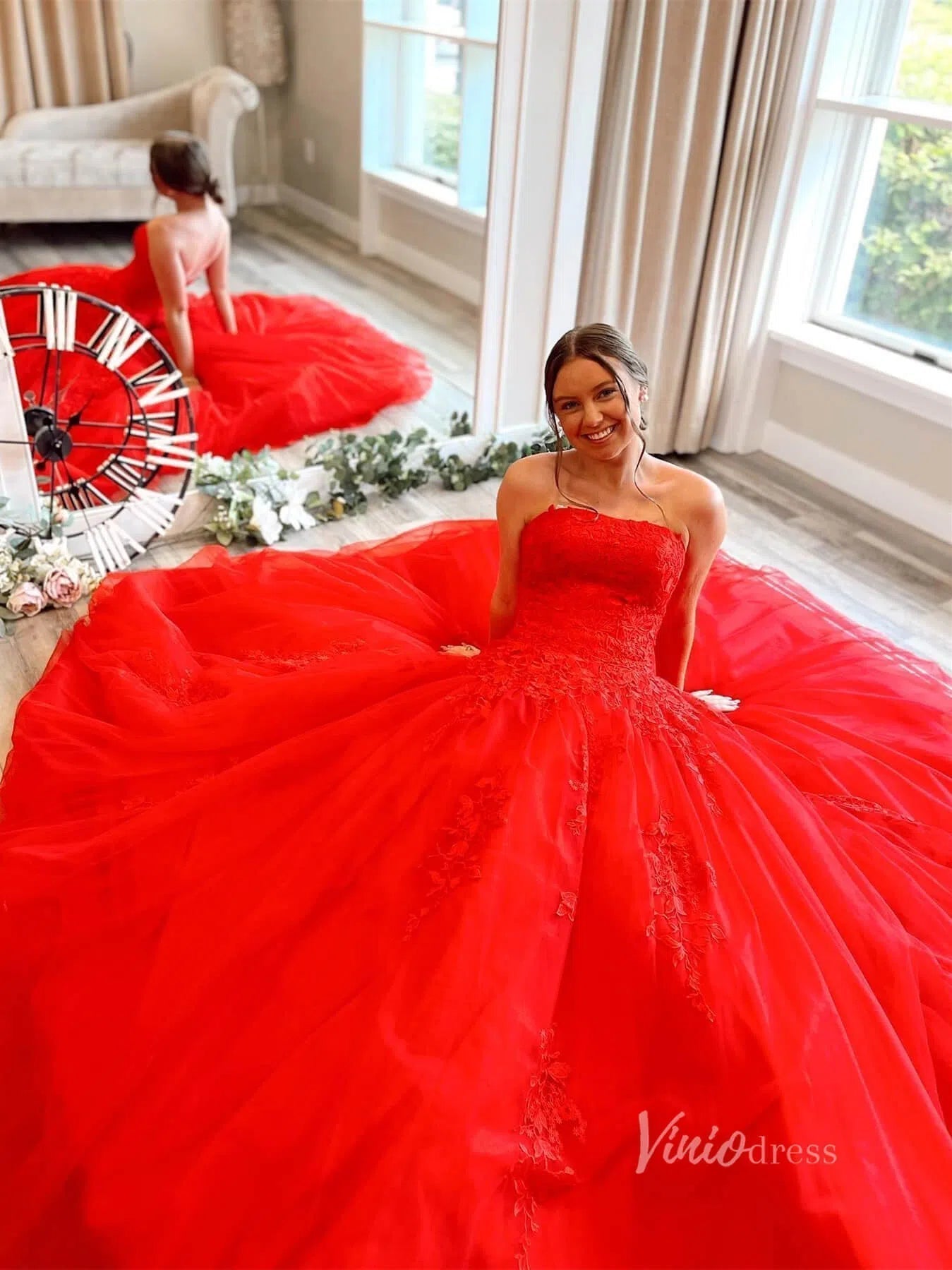 Light BLue Strapless Prom Dresses Lace Appliqued Prom Dress FD1265-prom dresses 2025 -Viniodress-Red-US 2-