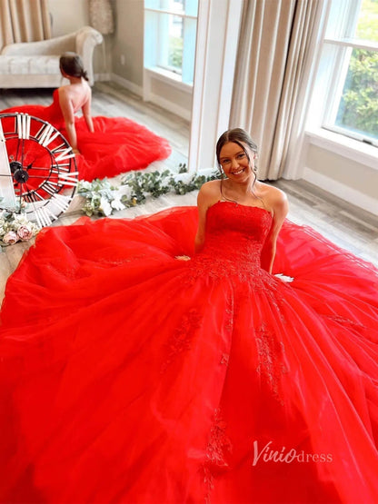 Light BLue Strapless Prom Dresses Lace Appliqued Prom Dress FD1265-prom dresses 2025 -Viniodress-Red-US 2-