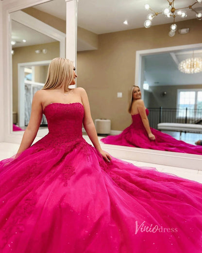 Light BLue Strapless Prom Dresses Lace Appliqued Prom Dress FD1265-prom dresses 2025 -Viniodress-Red-US 2-