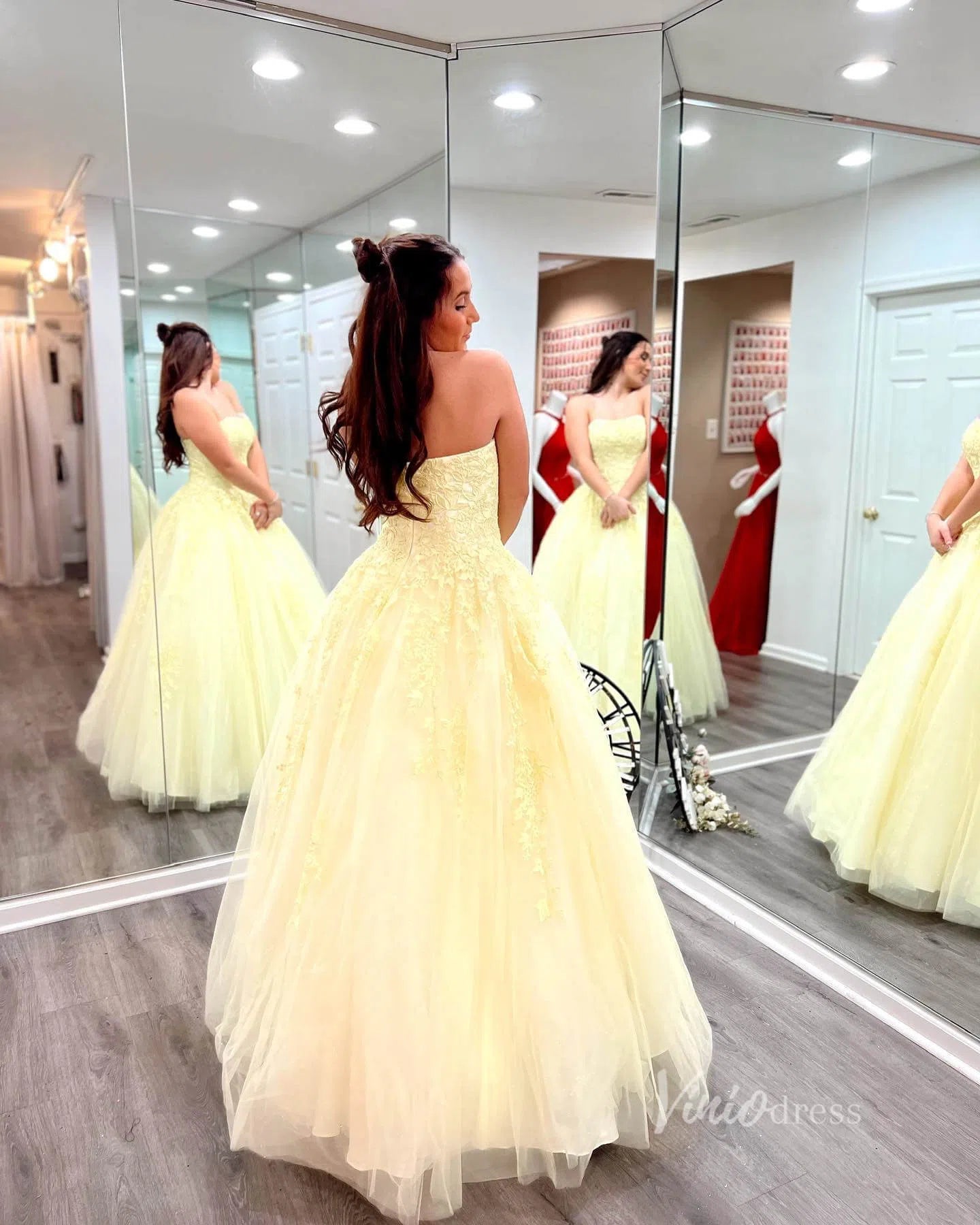 Light BLue Strapless Prom Dresses Lace Appliqued Prom Dress FD1265-prom dresses 2025 -Viniodress-Red-US 2-