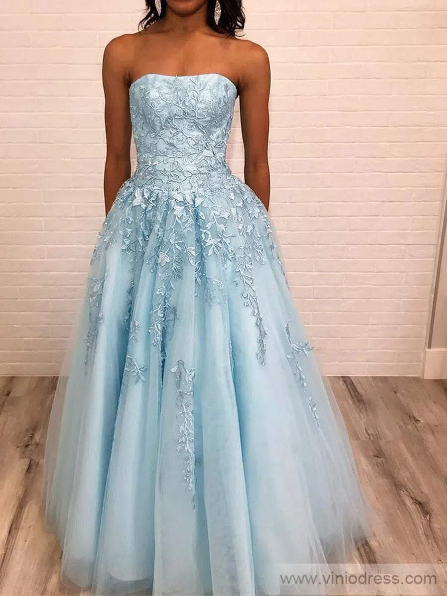 Light BLue Strapless Prom Dresses Lace Appliqued Prom Dress FD1265-prom dresses-Viniodress-Viniodress