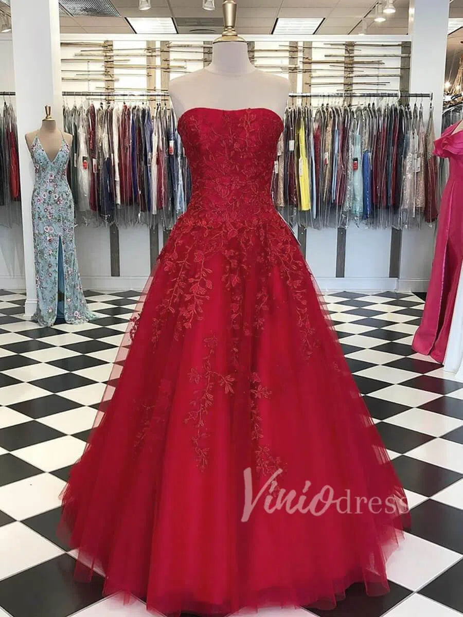 Light BLue Strapless Prom Dresses Lace Appliqued Prom Dress FD1265-prom dresses-Viniodress-Burgundy-US 2-Viniodress