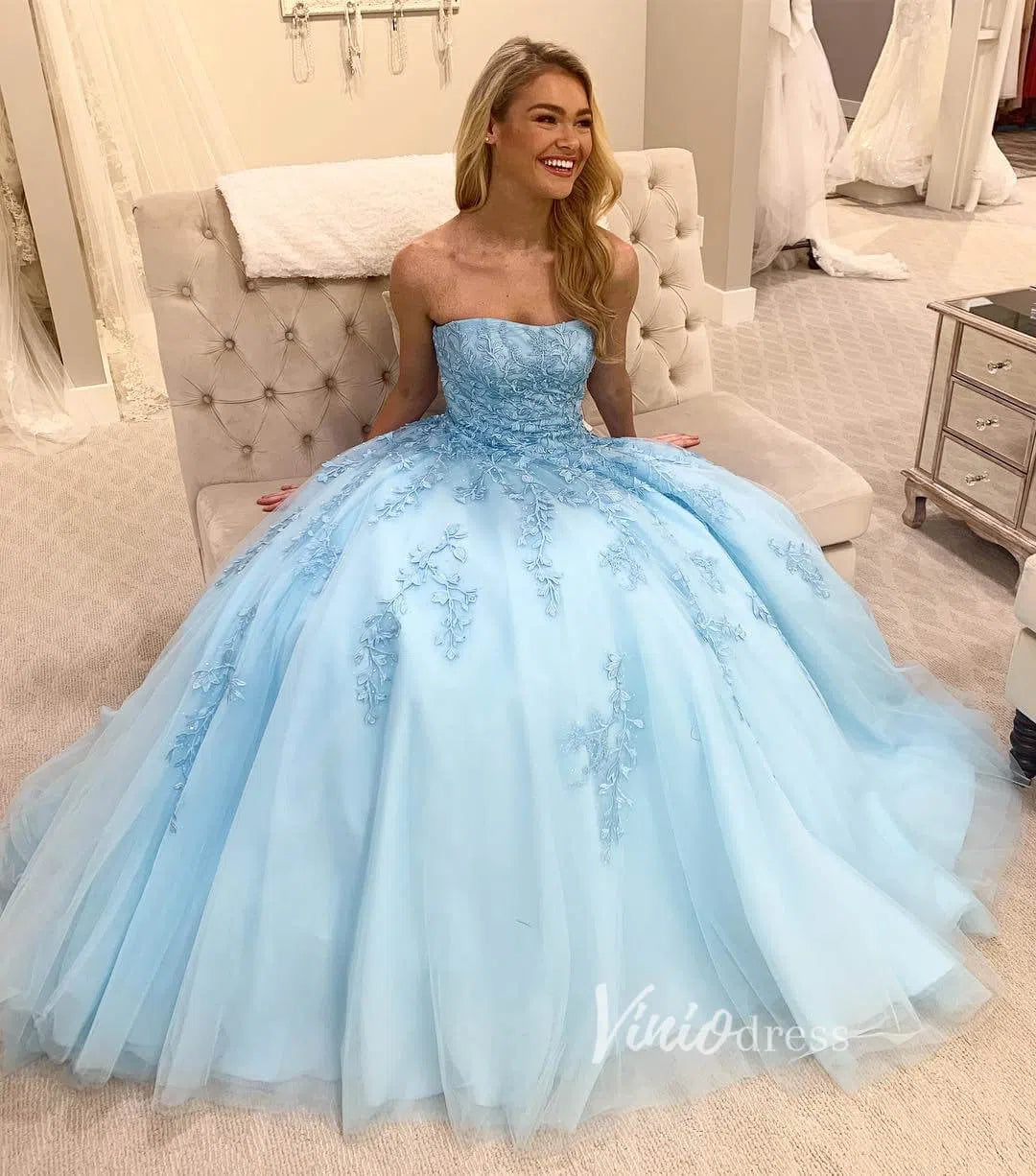 Light BLue Strapless Prom Dresses Lace Appliqued Prom Dress FD1265-prom dresses-Viniodress-Light Blue-US 2-Viniodress