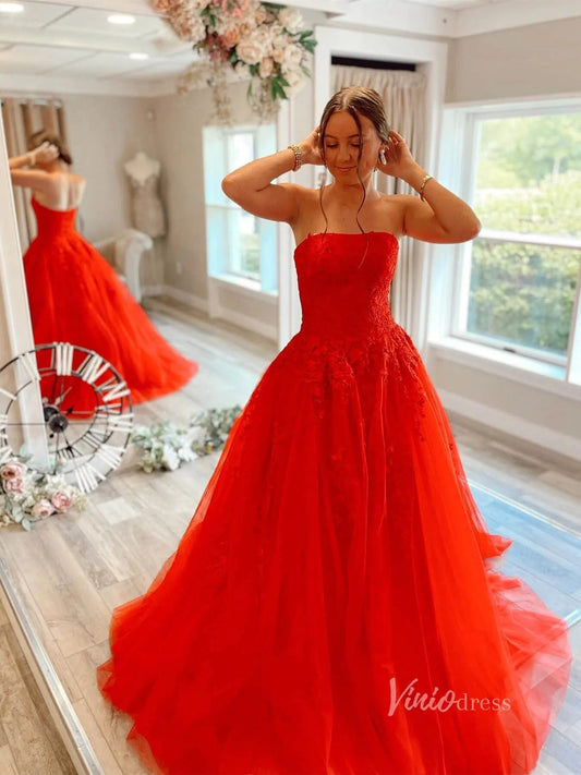 Prom Dress 2025 Light BLue Strapless Prom Dresses Lace Appliqued Prom Dress FD1265-unique prom dresses-Red-US 2-Viniodress