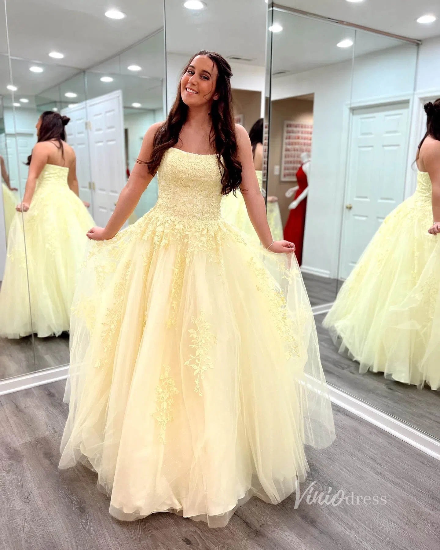 Light BLue Strapless Prom Dresses Lace Appliqued Prom Dress FD1265-prom dresses-Viniodress-Yellow-US 2-Viniodress