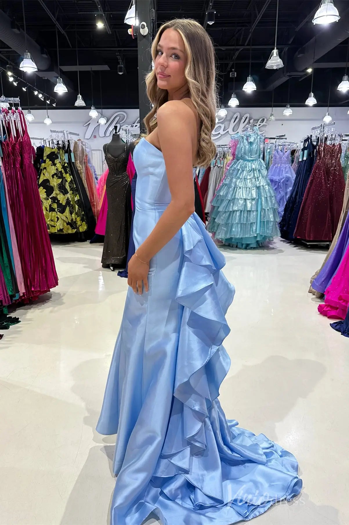 Light Blue Strapless Satin Mermaid Prom Dress with Ruffle Back and Sweep Train – SS032-prom dresses 2025 -Viniodress-Light Blue-Custom Size-