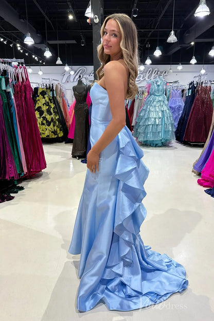 Light Blue Strapless Satin Mermaid Prom Dress with Ruffle Back and Sweep Train – SS032-prom dresses 2025 -Viniodress-Light Blue-Custom Size-
