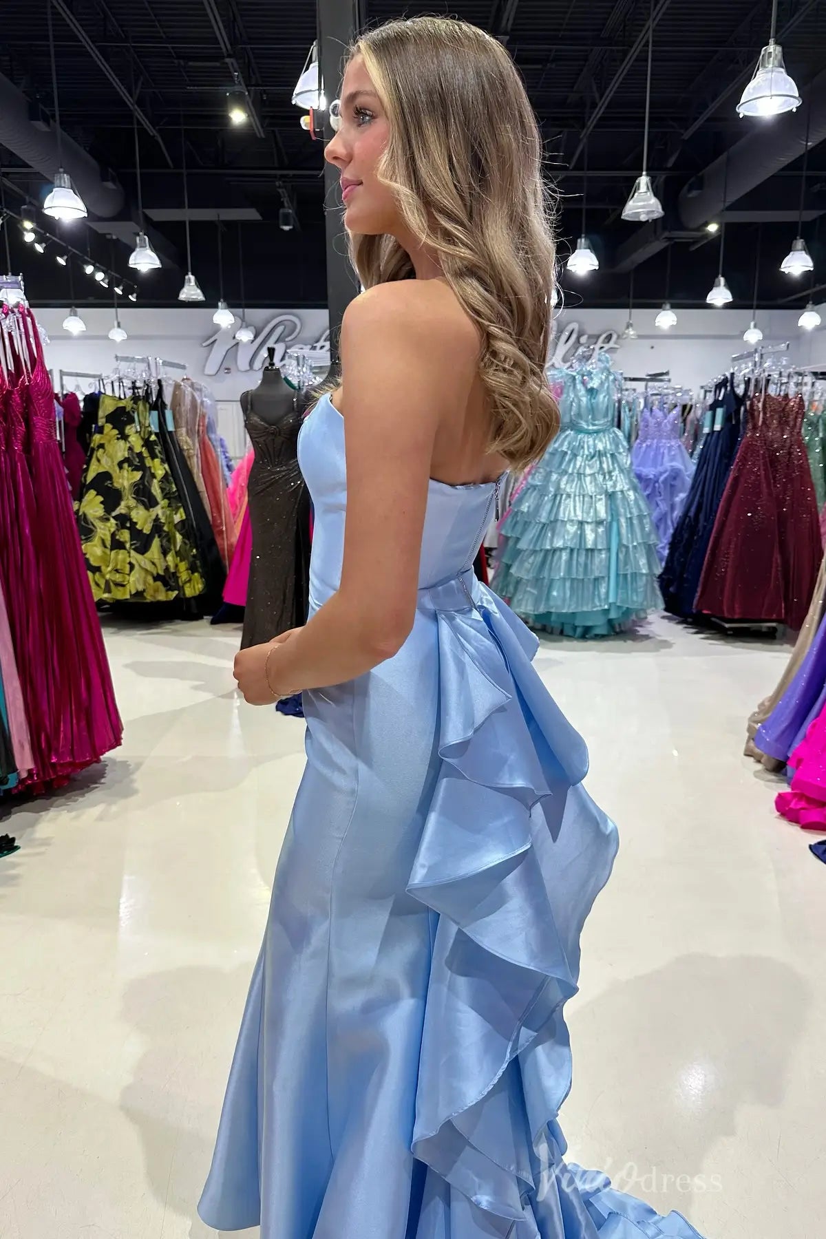 Light Blue Strapless Satin Mermaid Prom Dress with Ruffle Back and Sweep Train – SS032-prom dresses 2025 -Viniodress-Light Blue-Custom Size-