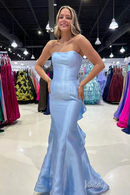 Light Blue Strapless Satin Mermaid Prom Dress with Ruffle Back and Sweep Train – SS032-prom dresses 2025 -Viniodress-Light Blue-Custom Size-