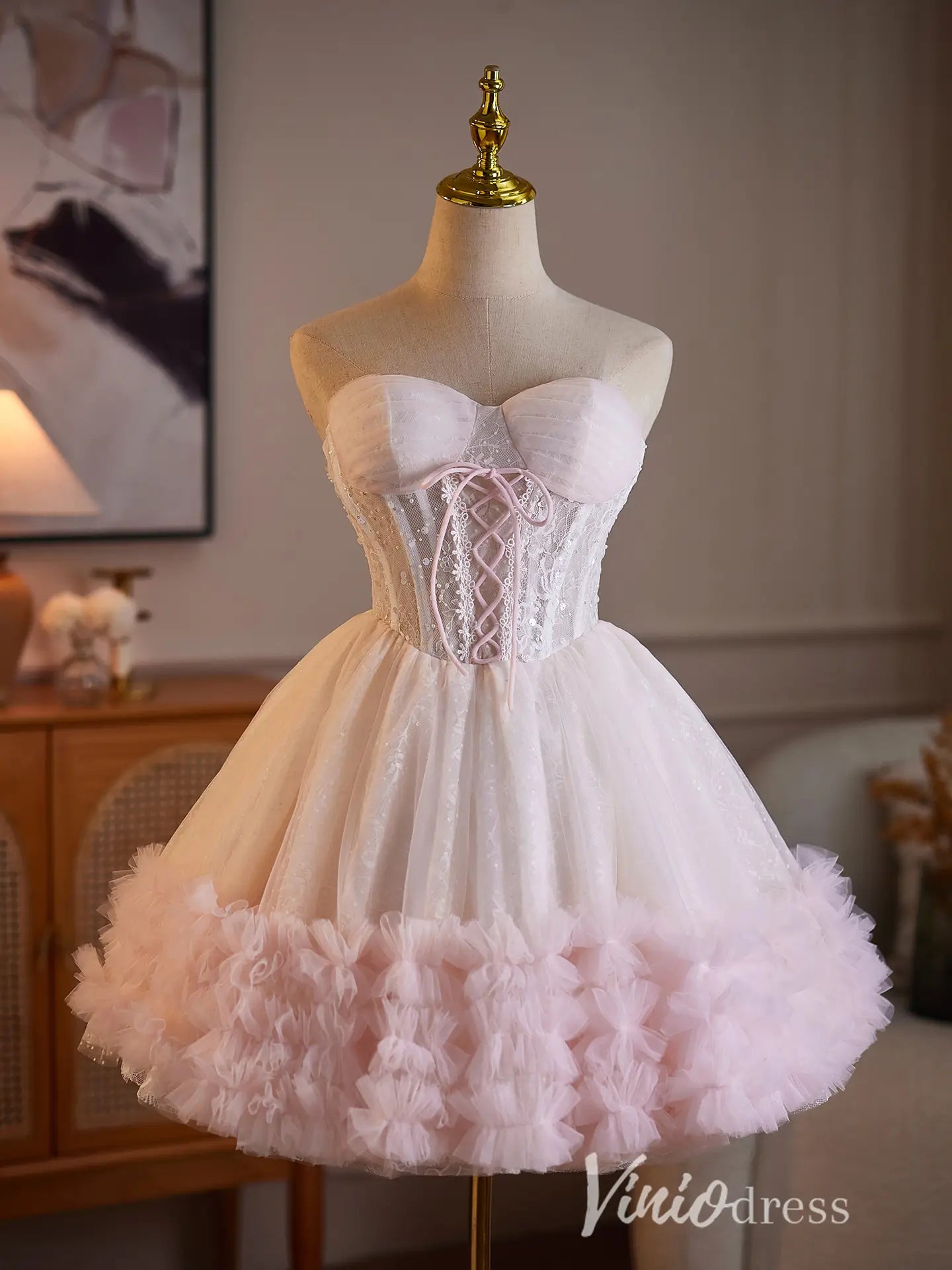 Light Blue Strapless Sweetheart Lace Corset Homecoming Dress with Tulle Skirt & Tiered Ruffle Hem - BJ110-Homecoming Dresses 2026-Viniodress-Blush-Custom Size – Add Measurements in Cart-