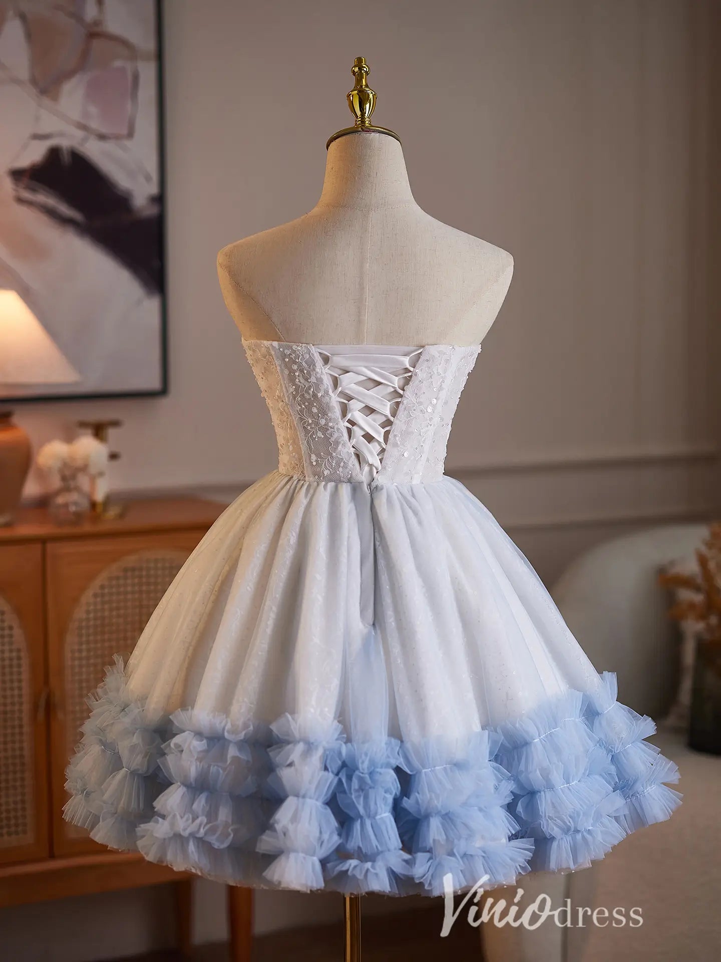 Light Blue Strapless Sweetheart Lace Corset Homecoming Dress with Tulle Skirt & Tiered Ruffle Hem - BJ110-Homecoming Dresses 2026-Viniodress-Light Blue-Custom Size – Add Measurements in Cart-