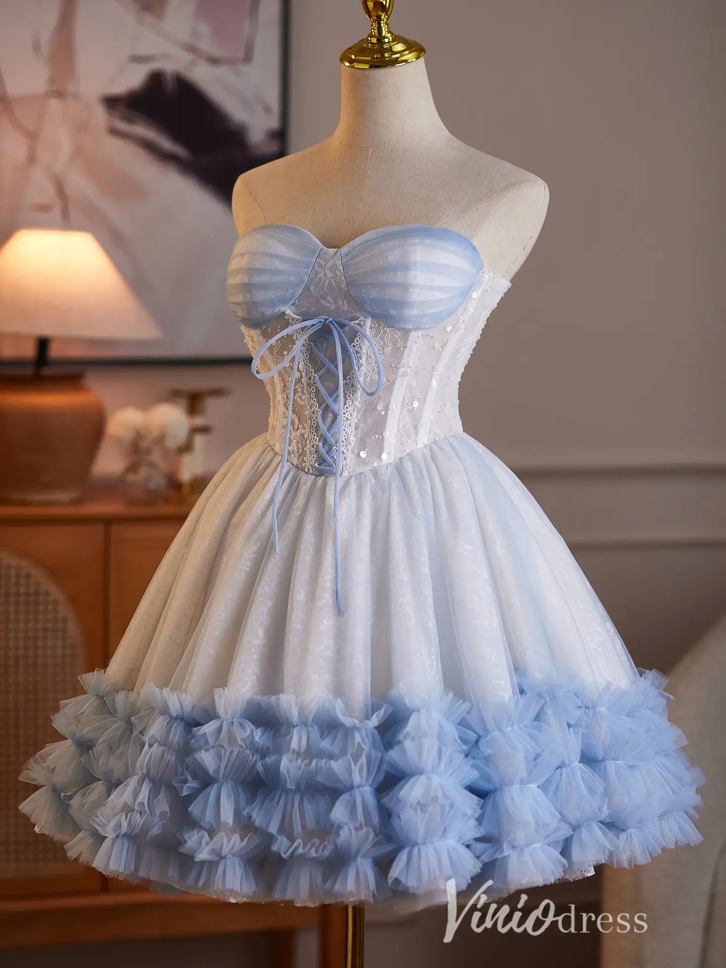 Light Blue Strapless Sweetheart Lace Corset Homecoming Dress with Tulle Skirt & Tiered Ruffle Hem - BJ110-Homecoming Dresses 2026-Viniodress-Light Blue-Custom Size – Add Measurements in Cart-